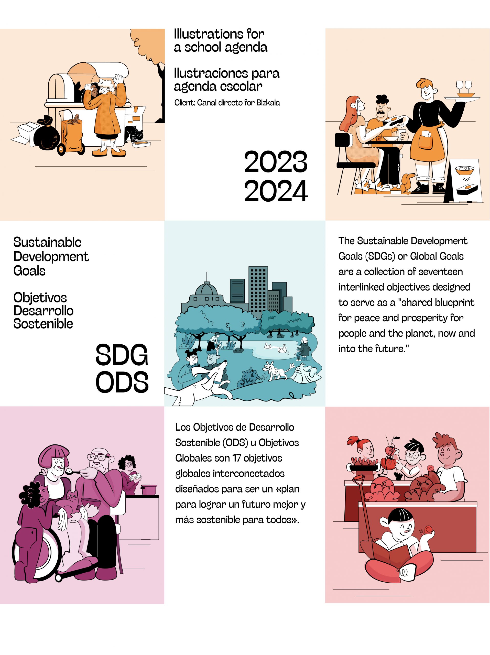 2030 agenda illustration, vector drawings for an school agenda with different people doing several things